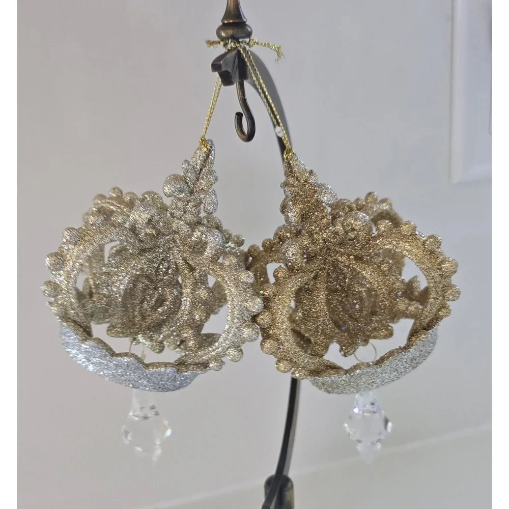 New Kurt Adler Gold Silver Glitter Crown Christmas Ornaments Crystals Set of 2